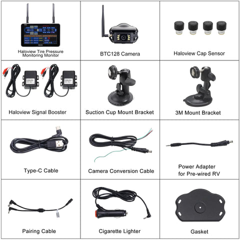 Wireless 1080P Backup Camera Monitor With Built In RV Tire Pressure Monitoring System TPMS Four Sensor Kit components layout