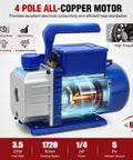 Straight Up Heavy Duty 3.5 CFM 1/4 HP 110V Single Stage AC Vacuum Pump And Gauge Set Kit featuring rugged all copper motor with blue casing.
