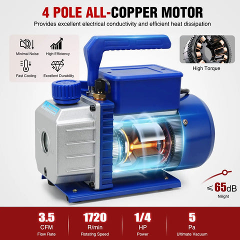 Straight Up Heavy Duty 3.5 CFM 1/4 HP 110V Single Stage AC Vacuum Pump And Gauge Set Kit featuring rugged all copper motor with blue casing.