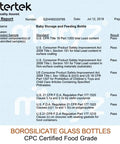 Test report for Premium Borosilicate Glass Breastmilk Storage Bottles 6 Oz 6 Pack Wide Mouth BPA Free, showing safety certifications.