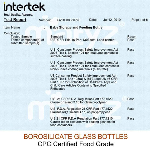 Test report for Premium Borosilicate Glass Breastmilk Storage Bottles 6 Oz 6 Pack Wide Mouth BPA Free, showing safety certifications.