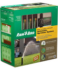 Packaging of DIY Self Install In Ground Automatic Sprinkler System Kit for Medium Lawn with product information and images.