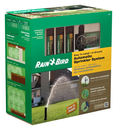 Packaging of DIY Self Install In Ground Automatic Sprinkler System Kit for Medium Lawn with product information and images.