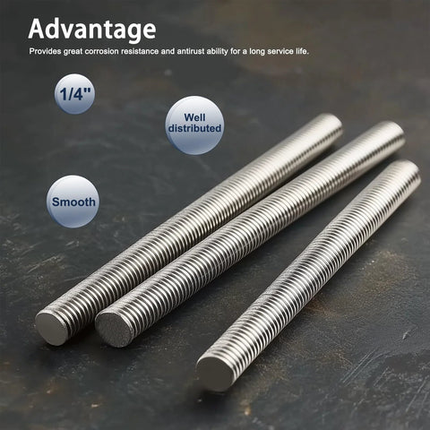 Front view: HiPicco 1/4-20 stainless steel fully threaded rods, 16 in length, 6-pack