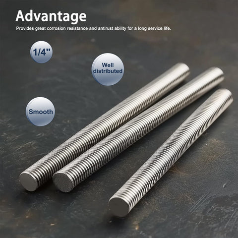 Tough As Nails 1/4 Inch Fully Threaded Rod And Stud 304 Stainless Steel 12 Inch showing smooth, well-distributed threading for various uses.