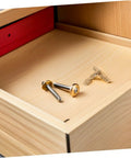 Brass Hidden Cylinder Barrel Hinges 25Pcs Set visible with screws inside a wooden box for concealed doors