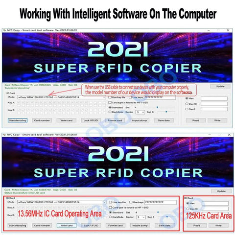 Dual Frequency Access Card Copier And RFID Writer Reader 125KHz 13.56MHz With NFC Tag Replicator software interface screenshot