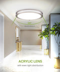 Lit Round 16 Inch LED Flush Mount Ceiling Light in a modern hallway, 120° beam angle, low profile nickel double ring fixture