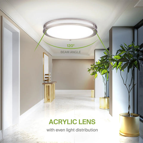 Lit Round 16 Inch LED Flush Mount Ceiling Light in a modern hallway, 120° beam angle, low profile nickel double ring fixture