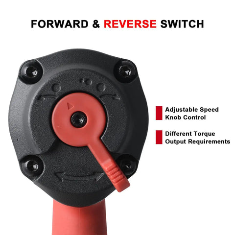 Rear view of Beefy Half Inch Composite Mini Air Impact Wrench with RPM and torque control switch.