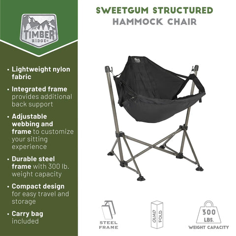 Portable Hammock Camping Chair With Stand, Padded Folding Swing Hammock Chair With Carry Bag, Heavy Duty Steel Frame, Black