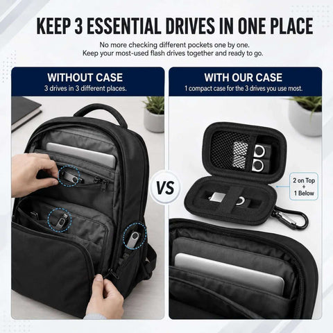 Comparison of storage options for 3 essential drives in a backpack, featuring the Drop Dead Secure Hard Shell USB Flash Drive Case.