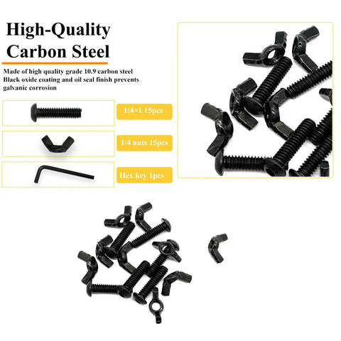 Black One Quarter Twenty Thread Wing Nut And Button Head Socket Cap Screw Kit With Hex Key Includes Fifteen Wing Nuts And Fifteen Screws In A Clear Box Hand Tighten Hardware Fasteners Grab And Go Set