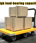 Heavy Duty Folding Platform Cart With 1764 Pound Capacity loaded with wooden crates on six-wheel platform in a warehouse setting
