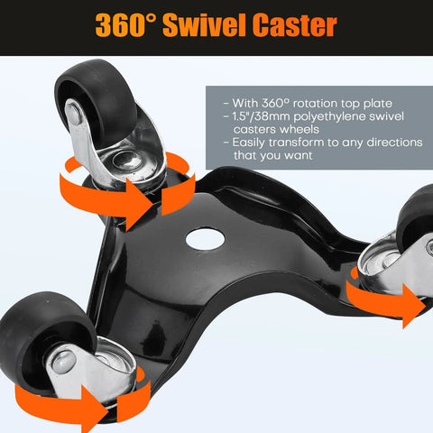 Close-up of 3-wheel design on a 4 Pack Steel Tri-Dolly Furniture Movers Set With 3 Wheel Design, Heavy Duty 200 Lb Load Capacity.