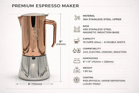 Premium Italian Espresso Maker 12 Cup Moka Pot In Stainless Steel With Copper PVD Finish Induction Compatible No Aluminum 20 Oz Coffee Pot For Rich Flavor And Clean Taste Barista Level At Home displayed with dimensions and features.
