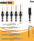 Product dimensions of 12 Piece Countersink Drill Bit Set With Adjustable Countersink And Pilot Hole Bits, Magnetic Extension Bit Holder, Sizes 4 Through 12 illustrated.