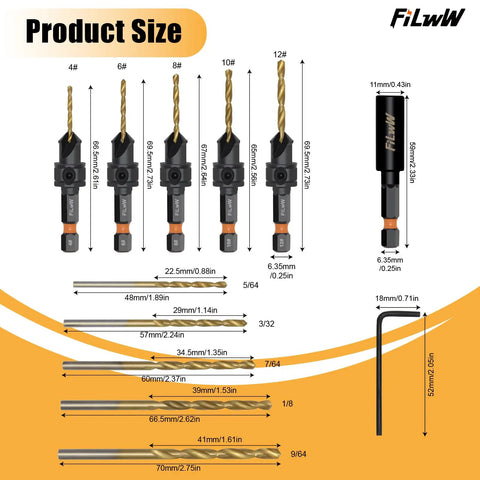 Product dimensions of 12 Piece Countersink Drill Bit Set With Adjustable Countersink And Pilot Hole Bits, Magnetic Extension Bit Holder, Sizes 4 Through 12 illustrated.