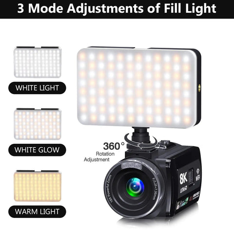 8K Video Camera Camcorder With 48MP Photos, WiFi Vlogging Camera showing adjustable fill light modes: white, glow, warm.