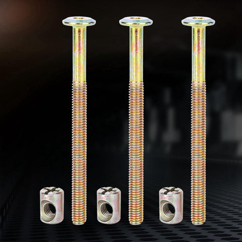 Durable M6 Bolts And Nuts Kit For Baby Cribs In Carbon Steel Hex Screws Set M6 40 60 80 90 100 150mm Includes Ten Bolts And Nuts For Easy No Fuss Crib Assembly With Adjustable Lengths, showcasing three bolts with matching nuts on a dark background.