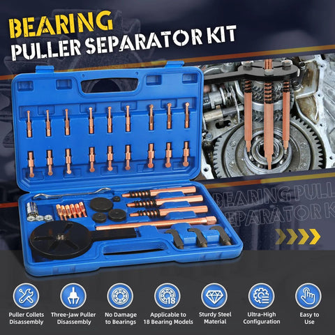 Front view of bearing puller kit in a blue case with copper-tone pullers for wheel bearing removal