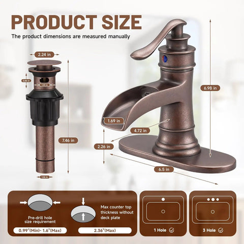 Copper Farmhouse Bathroom Sink Faucet With Waterfall Spout Boss Built To Last Pop Up Drain Stopper dimensions
