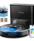 Robot Vacuum And Mop With 6000Pa Suction, Self Emptying Base For 90 Days Capacity, LiDAR Navigation With Home Mapping, Great For Pet Hair On Hard Floors And Carpet, L8000 Plus displayed with cleaning accessories and smartphone app.