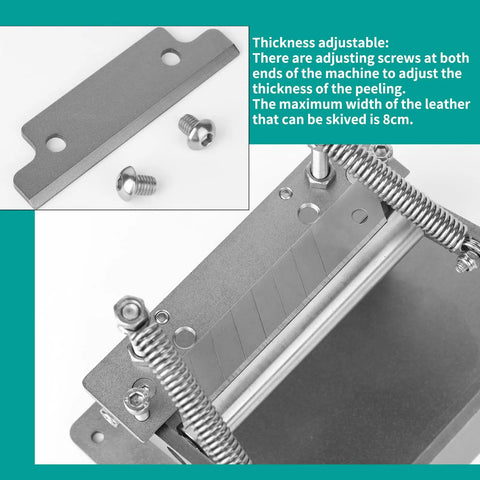 Close-up of Pro Grade Leather Skiver And Cutter Kit with skiving machine, screws, and adjustment springs for leatherworking projects.