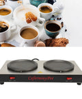 Portable Dual Burner Coffee Warmer With Thick Stainless Steel Plate Energy Efficient And Keeps Your Drink Piping Hot Straight Up Reliable Countertop Heater For Tea Coffee Milk Smooth Sipping Daily with coffee cups and warming pad.
