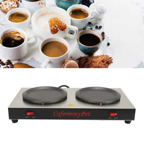 Portable Dual Burner Coffee Warmer With Thick Stainless Steel Plate Energy Efficient And Keeps Your Drink Piping Hot Straight Up Reliable Countertop Heater For Tea Coffee Milk Smooth Sipping Daily with coffee cups and warming pad.