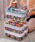 Slick 3 Tier Stackable Brick Storage Organizer With Removable Grid Trays For Lego Pieces in use, holding colorful organized bricks.