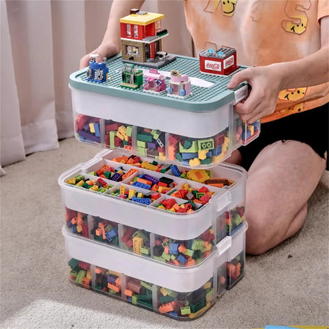 Slick 3 Tier Stackable Brick Storage Organizer With Removable Grid Trays For Lego Pieces in use, holding colorful organized bricks.
