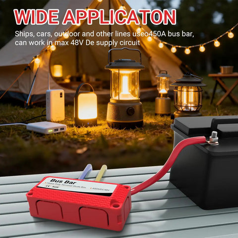 Kickass Heavy Duty 450A 48V DC Bus Bar Kit Two Pack in use with RV battery and camping lights outdoors.