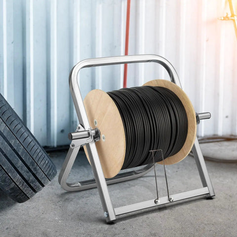 Heavy Duty Steel Cable Caddy And Wire Spool Rack Dispenser For Reels Up To 100 Lb, portable with wooden spool holding black cable