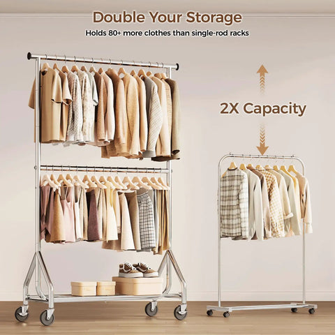 Kickass Durability Double Rod Clothes Rack, Rolling Garment Stand With Zero Hassle Setup, Heavy Duty Freestanding Closet Organizer For Bedroom Or Laundry, Space Savvy Two Tier Build In Sleek Silver