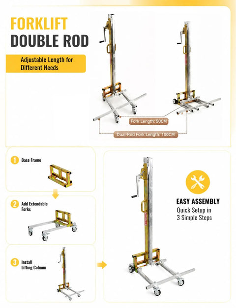 Heavy Duty 60 Or 80 Kg Lifting Jack For Warehousing And Material Handling, adjustable double rod forklift with 50cm and 100cm fork lengths.