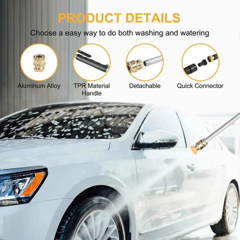 7 In 1 High Pressure Hose Nozzle With 0 To 65 Degree Adjustable Spray for car wash, shown spraying water on vehicle