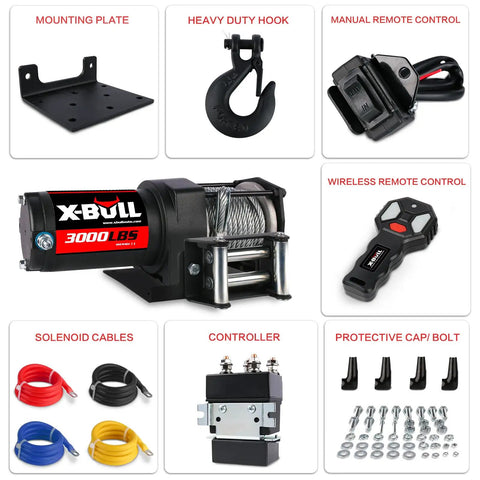 Components of 12V 3000Lbs Steel Wire Winch For ATV UTV Off Road Towing, featuring winch, remotes, hook, and mounting bracket.