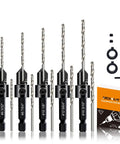 12 Piece Countersink Drill Bit Set With 3 In 1 Wood Counterbore Kit For Screws Size Six To Sixteen, 82 Degree Chamfer And Depth Adjustable, Includes Five Spare Bits, Two Limit Rings, Hex Key And Case, Pro Grade Quality For DIY Woodworking displayed with bits, rings, hex key and packaging box