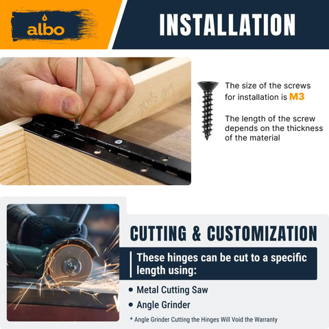 Installation guide for Heavy Duty 30 Inch Continuous Piano Hinge 2 Pack Matte Black Stainless Steel 304 surface mount cabinet hardware.