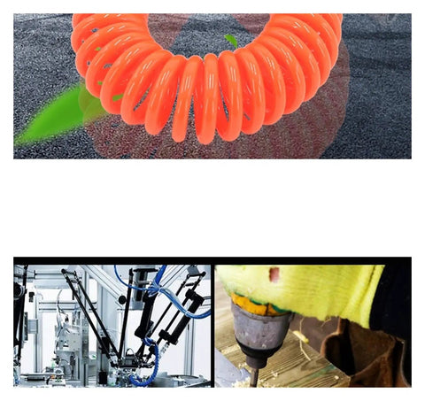 PU Spiral Telescopic Air Hose With Heavy Duty Swivel Fittings And Anti Twist Spring Coil For Air Compressors shown in orange.