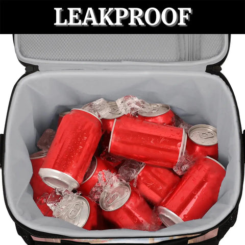 Insulated Picnic Backpack Lunch Bag With Roomy 12 By 8.7 By 10 Inch Interior filled with ice and red cans, leakproof design.