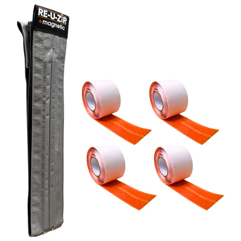 Magnetic Dust Barrier Entry Strip Kit For Plastic Sheeting Hands Free Self Closing Zipper Alternative shown with rolls and packaging.