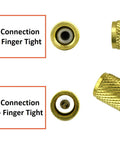 Brass 1/4 in flare refrigeration fittings with PTFE gasket; finger-tight 45° angle connector and charging port.