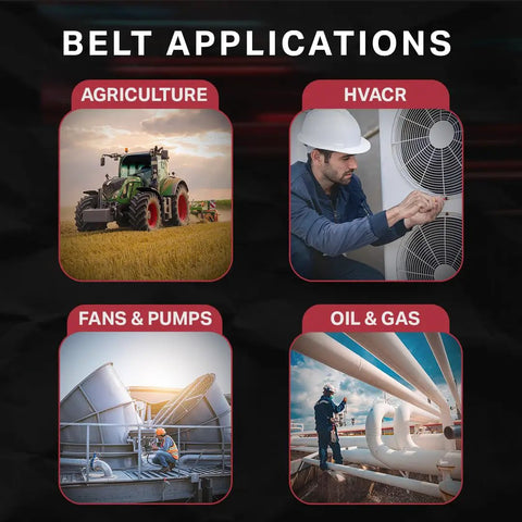 Belt applications for agriculture, HVACR, fans & pumps, oil & gas industries showcasing different sector uses in image.