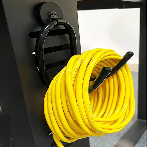 Four Pack Magnetic Garage Hooks Heavy Duty Tool Organizer Rack For Power Tools Garden Tools Hose Pegboard And Workshop Indoor Outdoor Hanging No Drill Required Industrial Strength Magnets Hold Up To Ten Pounds holding yellow cord
