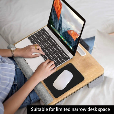 Person using Tiny 6 By 8 Inch Mouse Pad For Laptop And Travel on a wooden lap desk with a laptop.