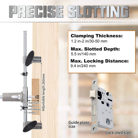 Pro Grade Mortise Lock Jig For Wooden Doors Easy Setup Door Lock Installation Kit with clamping thickness and depth measurements