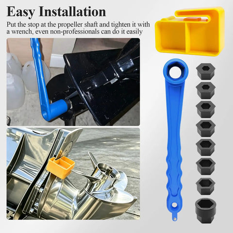 Prop Stop Block And Lightweight Propeller Wrench With Multiple Sockets For Marine Props And All Outboard Stern Drive Applications Includes Nine Common Nut Sizes From About Half Inch To One And Quarter Inch Easy Grip Blue