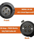 Front and back view of Locking L14-30P Flanged Inlet Generator Plug with Dust Cover, four prong, 30 amp, 125/250 volt, 7500 watts.